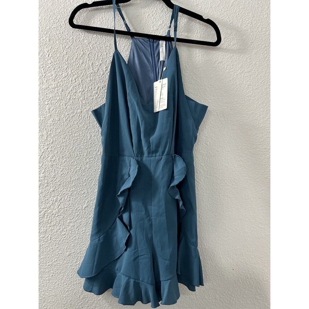 Foteisy Women's Romper‎ Shorts Size L Ruffle Front Adjustable Strap Teal Lined